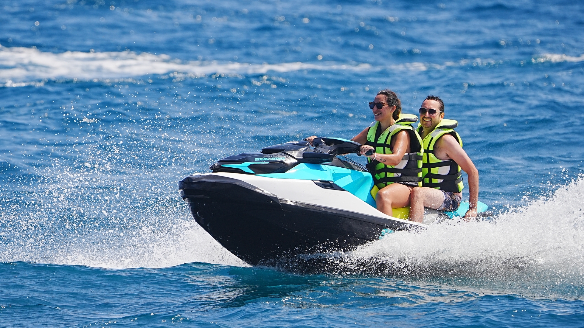 Riding a jet ski near the Barcelona beach