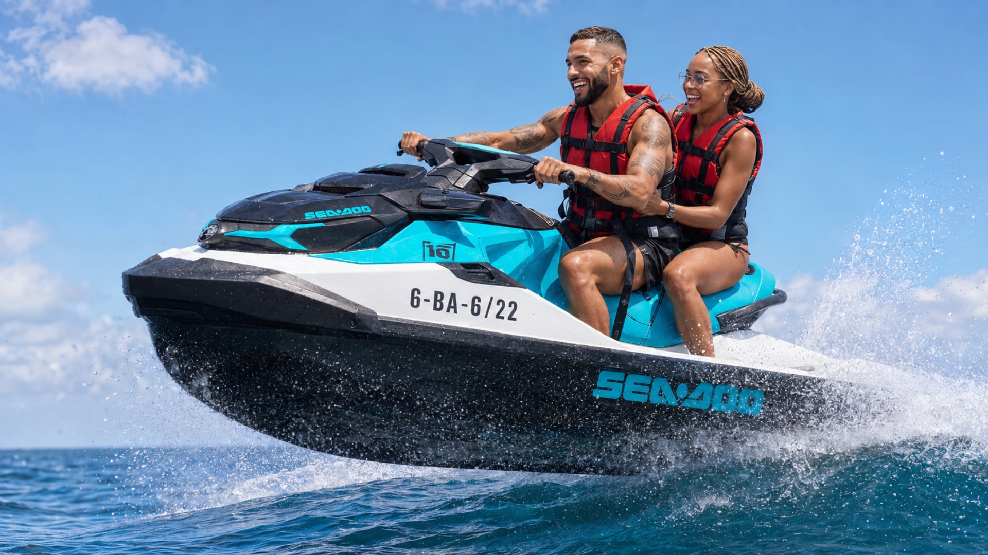 Couple riding a jet ski along the Barcelona coastline