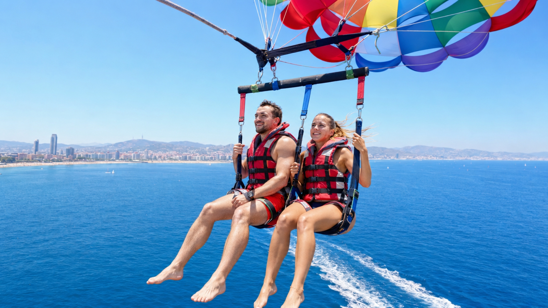 Couple enjoying a fast jet ski ride in Barcelona