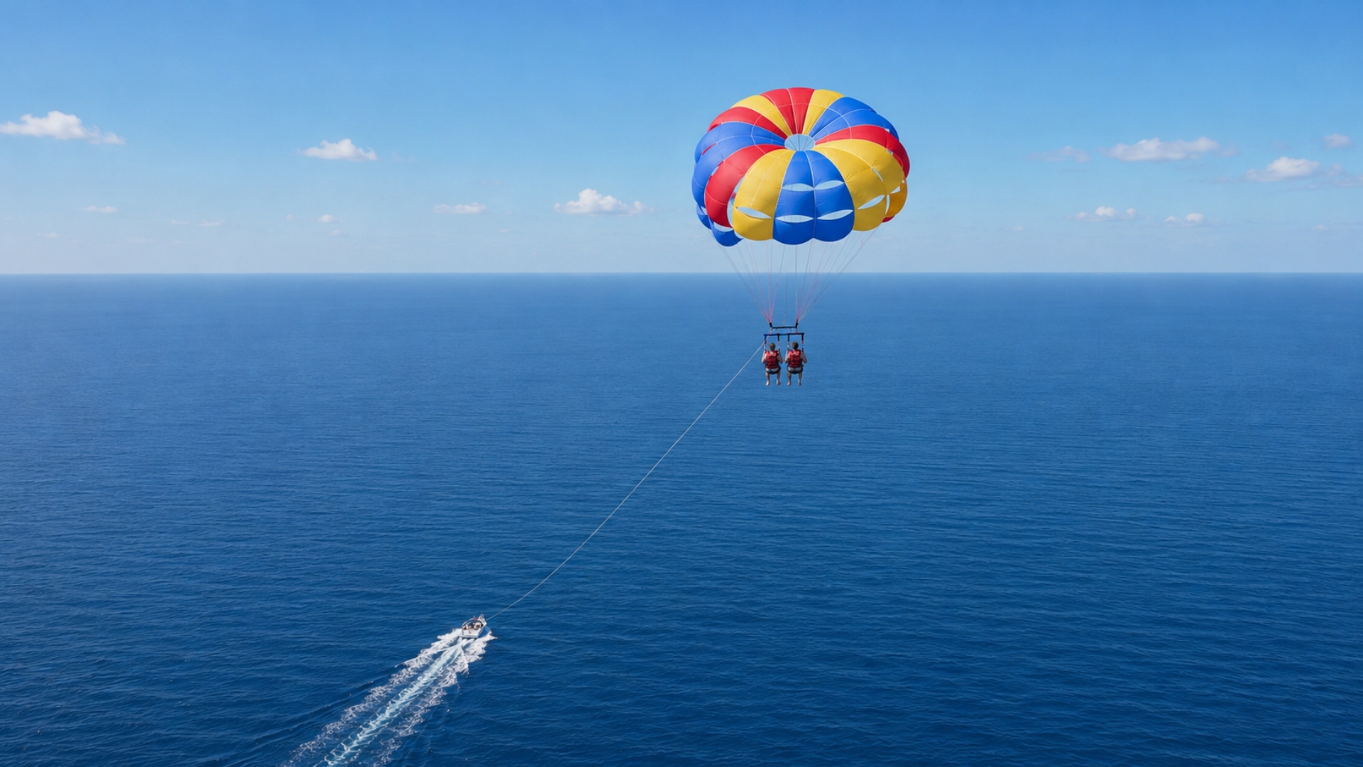 Couple parasailing above the Mediterranean Sea in Barcelona