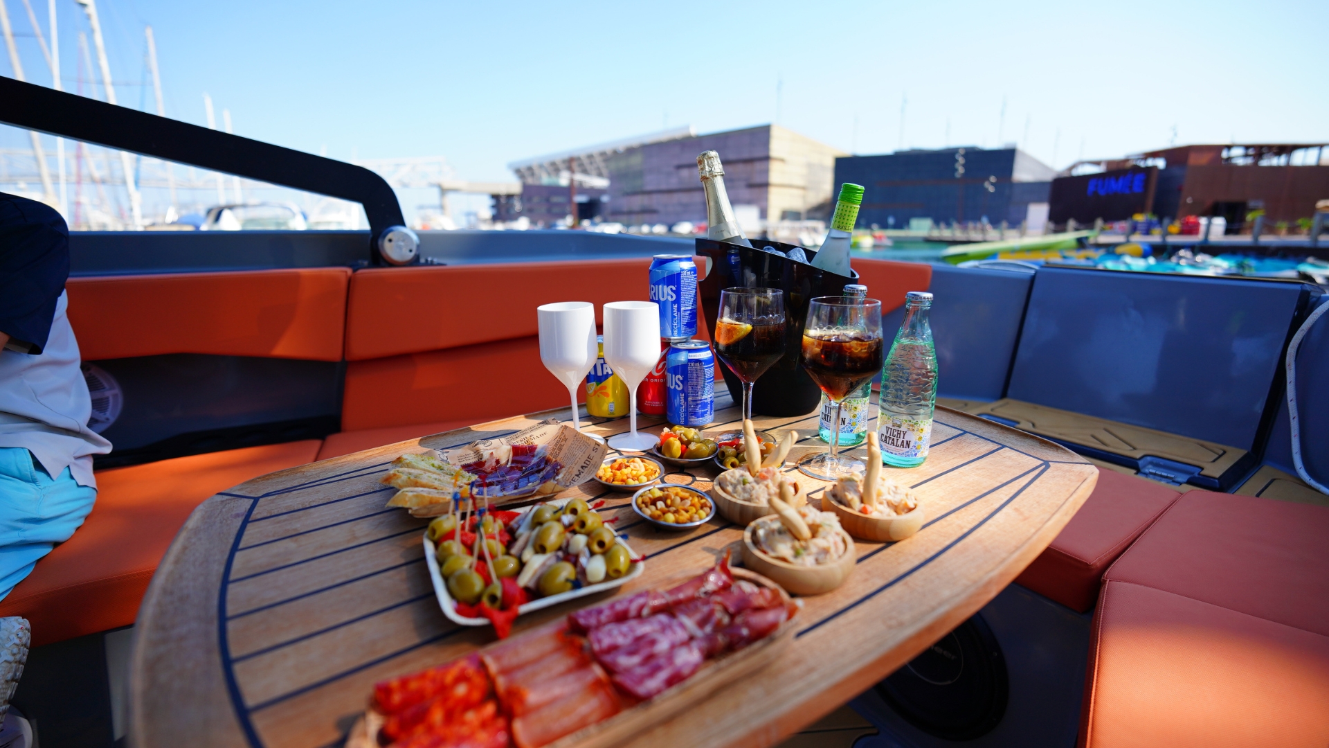 Helm station and lounge area aboard the private KAY sport yacht