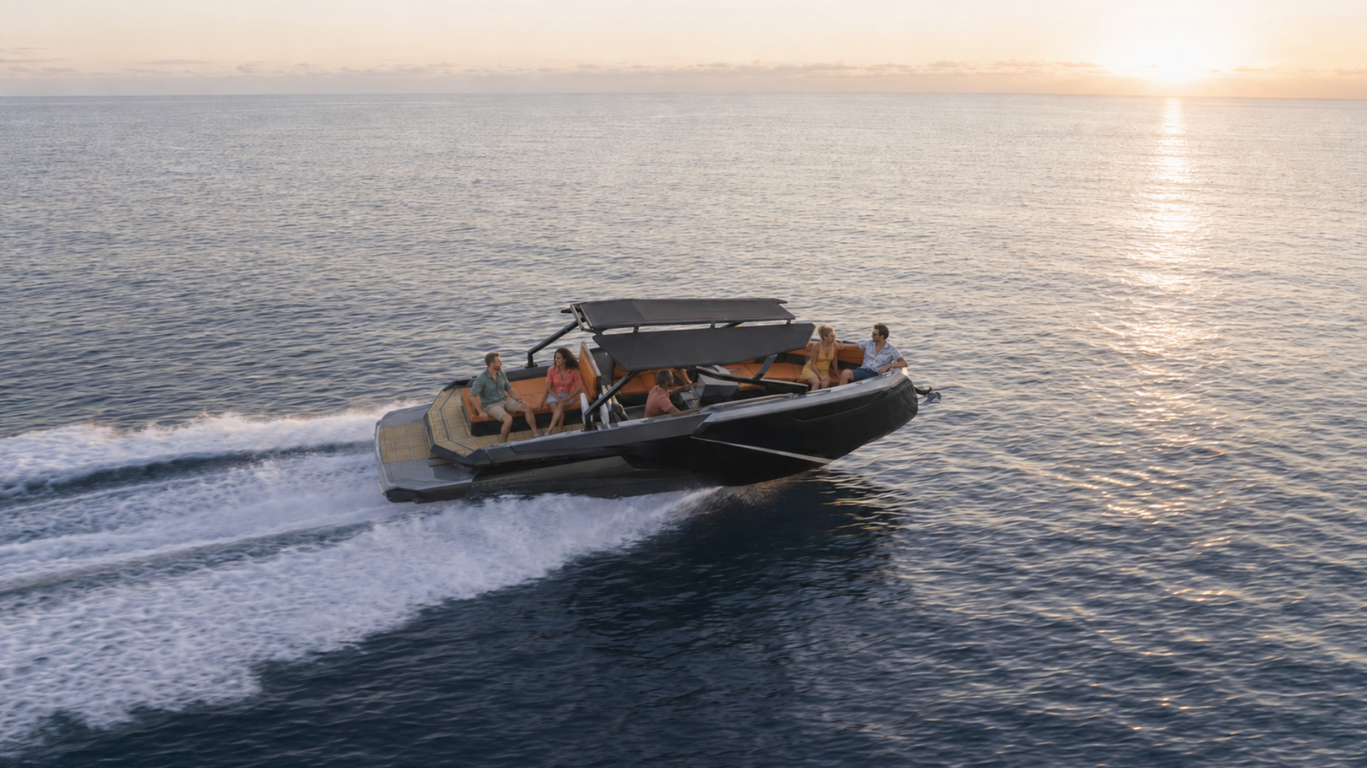 Aerial view of the KAY sport yacht at sunset on the Mediterranean