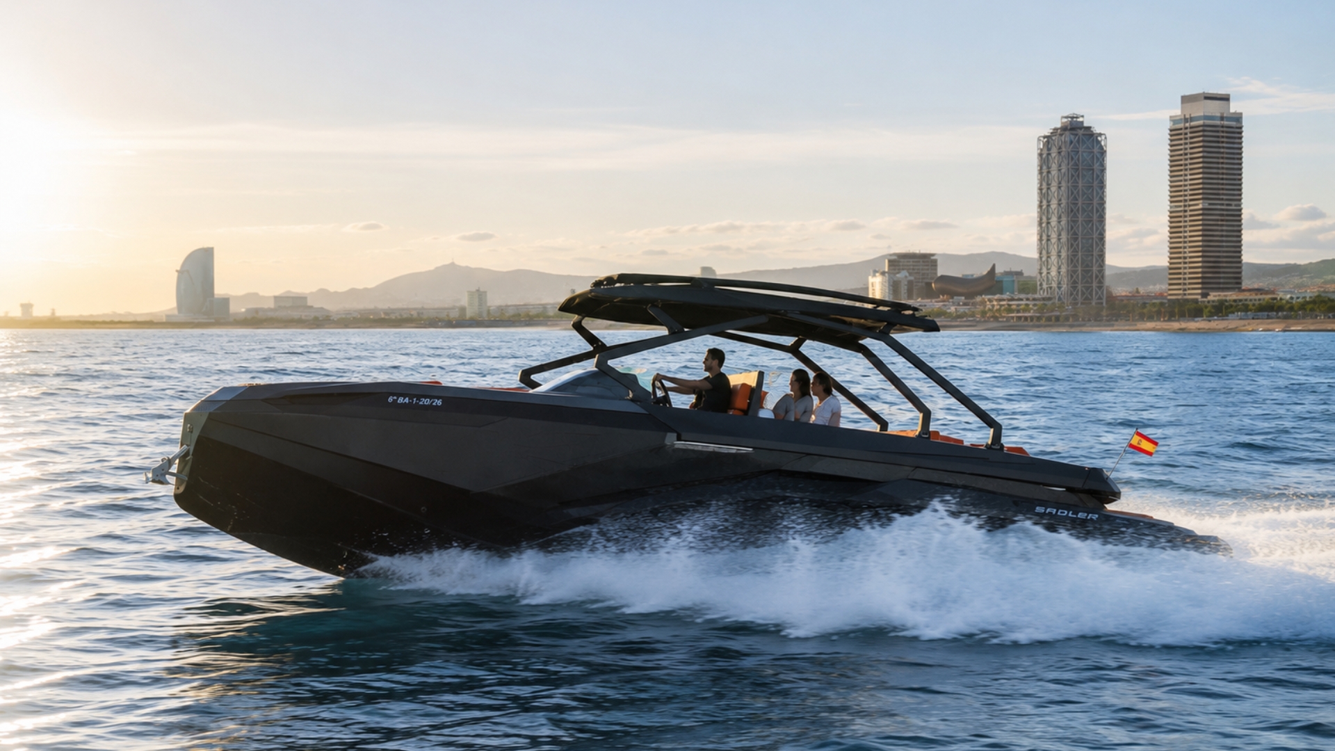 KAY 480 HP sport yacht cruising past the Barcelona coastline